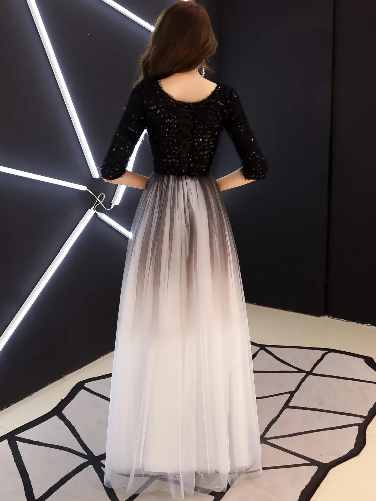 

Luxury Navy Blue A-line O-neck Half Sleeve Tulle Lace Beading Evening Dresses 2019 New Fashion Formal Evening Gowns Abendkleid
