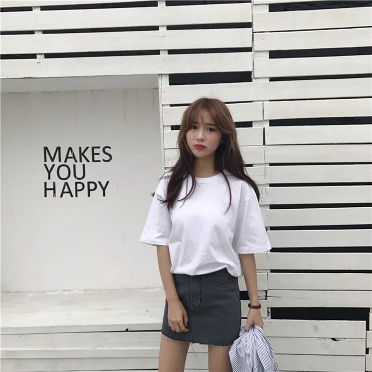 

Summer Korean-style Loose White Short Sleeved T-shirt Female Pure Color All-Matching Simple Bottoming Shirt T-shirt Students'