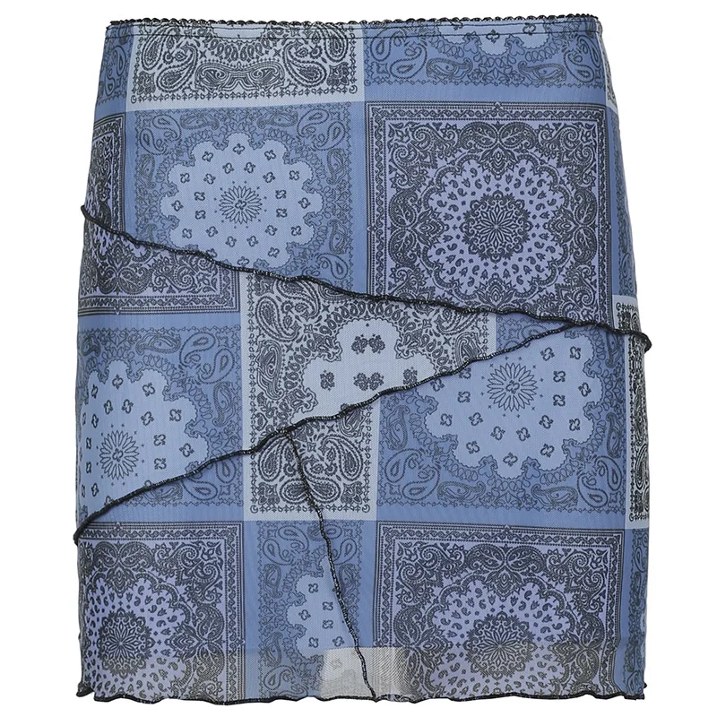 

Paisley Bandana Printed Sheer Mesh Mini Skirts Grunge Fairy Core Bottoms Womens Summer Clothing Asymetrical Skirt