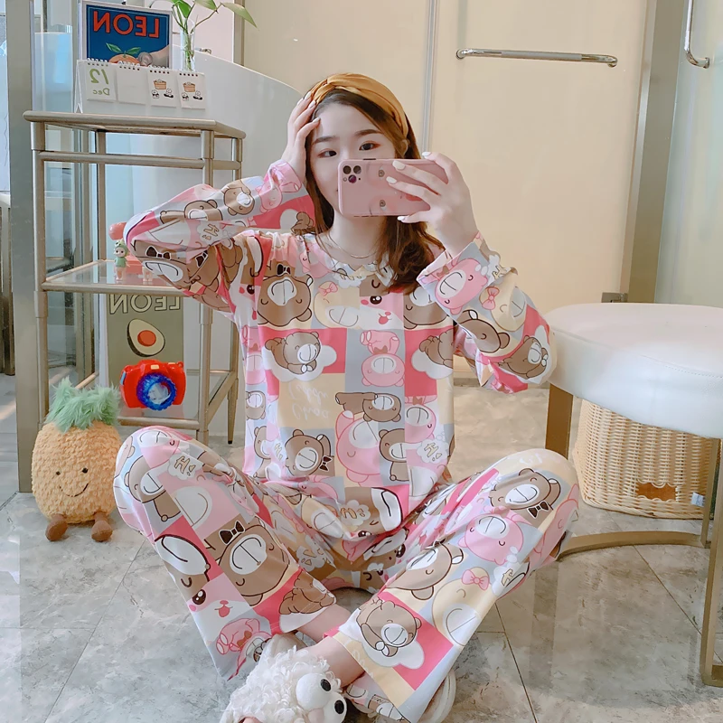 Пижама женская с длинным рукавом хлопковый пижамный комплект парная мультяшным