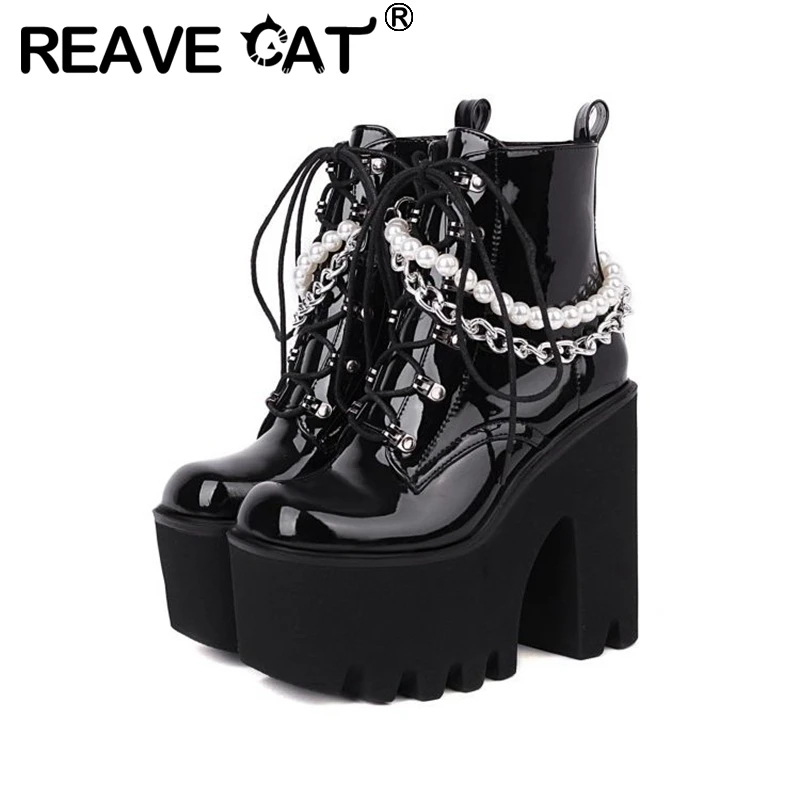

REAVE CAT 2021 Fashion High Heel Boots Square Toe Patent Leather Zipper Lace-Up Platform Punk Chains Big Size 36-44 Black S2599