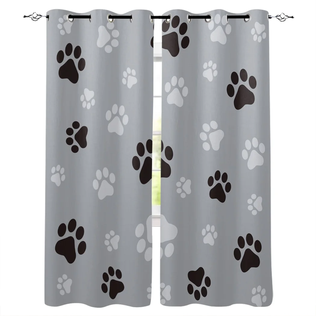 

Dog Paw Black Paw Print Puppy Grey Footprint Window Curtains Living Room Curtain Home Decor