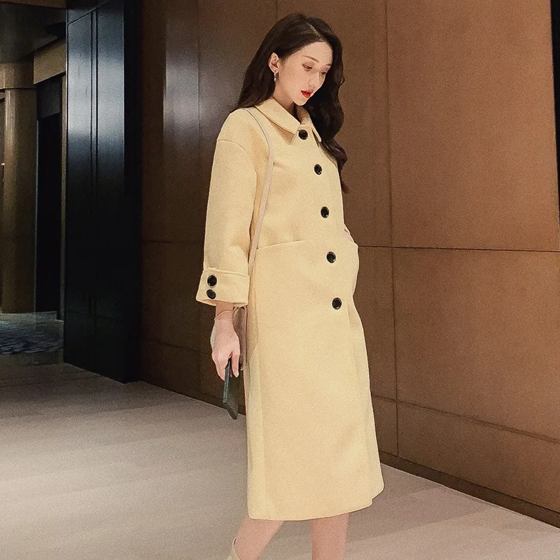 

Fall Autumn Winter Korean Leisure Overcoat Women Wool Blends Coat Jacket Women's Long Elegant Jackets Coats Blend Sky Blue Tops