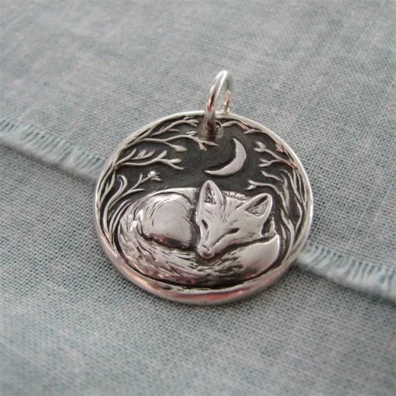 Vintage Fox Pendant Silver Color Fox and Moon Pendant Necklace Engagement Necklace Anniversary Gift  - buy with discount