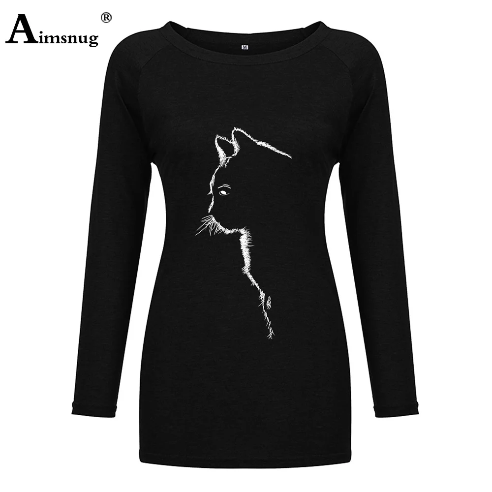 

Women Model Cat Print Basic Tops 2021 Spring Autumn New Female Long T-shirt Ladies Casual Loose Tees Shirt Plus Size S-5XL