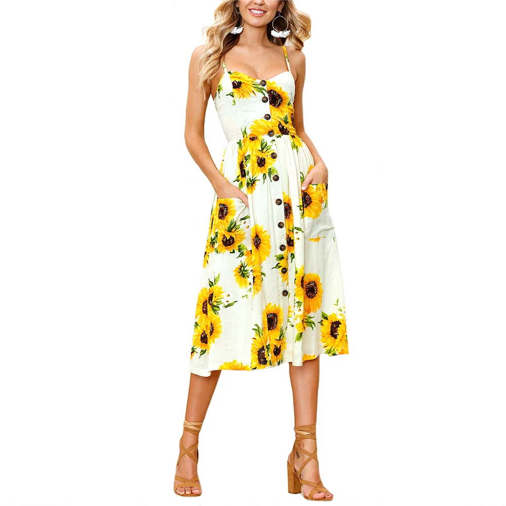 

Floral Printed Dress Women Back Stretch Sunflower Dress Fashion Female Party Beach Dress With Pocket