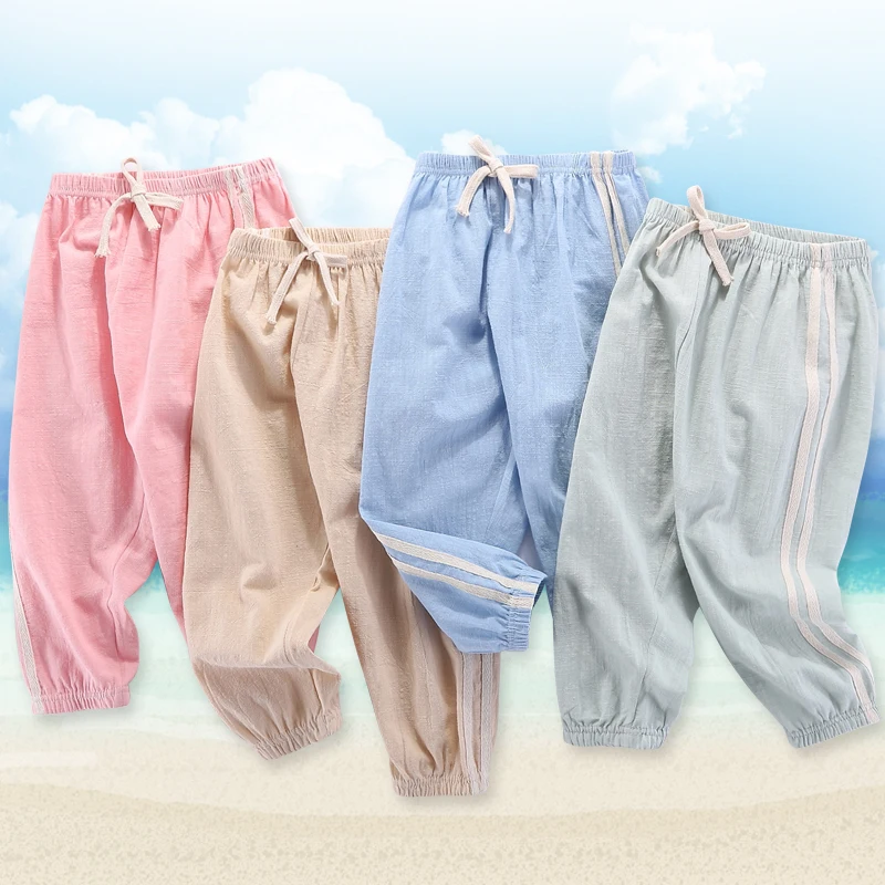 

Kids Pants for Boys Girls Fashion Summer Breathable Linen Cotton Trousers Kids Clothing Stripes Casual Sport Beach Pants Soft