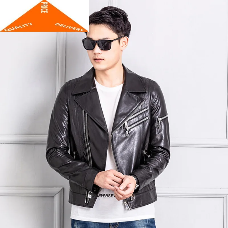 

New Streetwear 2020 100% Real Sheepskin Men Spring Autumn Moto Biker Genuine Jacket Man Fit Leather Coat 029
