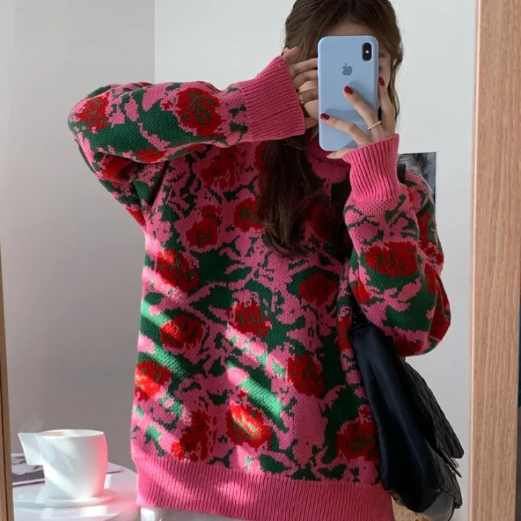 Женский трикотажный свитер с круглым вырезом цветочным принтом | Женская одежда