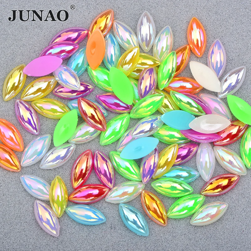 

JUNAO 7x15mm Mix Color Half Pearls Beads Flat Back Rhinestone Horse Eye Strass Applique Glue Crystal Stones for Clothes Shoes