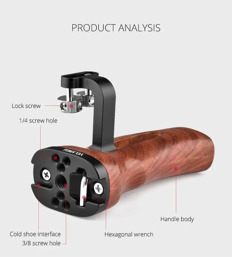 

Universal DSLR Camera Hand Grip Wooden Mini Side Handle (1/4"-20 Screws) can use w/ SmalRig A6400 A6500 Cage 2913