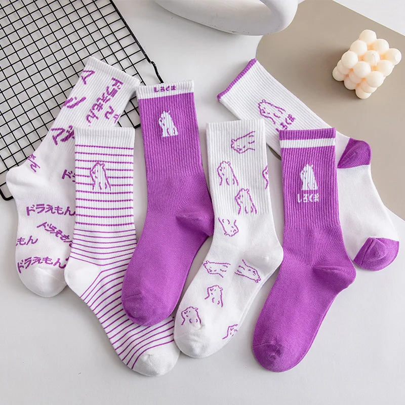 Spring And Summer Women's Cotton Socks Mid-waist Fashion Bear Socks Japanese Cute Cartoon Purple Women's Socks Harajuku College