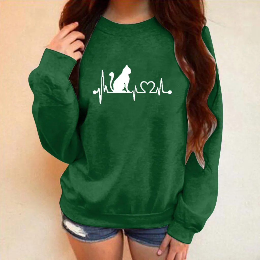 Осень зима Женская толстовка худи с принтом кота длинными рукавами и круглым