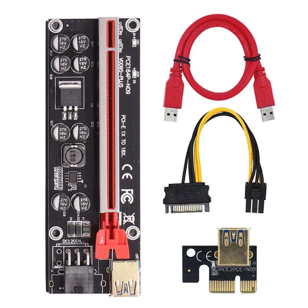 

VER009Splus PCI Express Райзер PCIE USB 3,0 кабель 1X до 16X удлинитель SATA 15Pin до 6pin адаптер карта для майнинга биткоинов