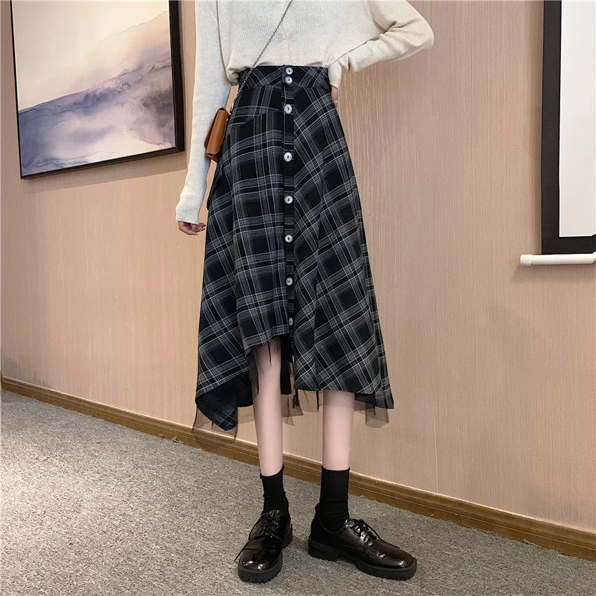

Модная Асимметричная клетчатая юбка, Женская длинная трапециевидная юбка средней длины на осень и зиму с высокой талией, модный тонкий зонт