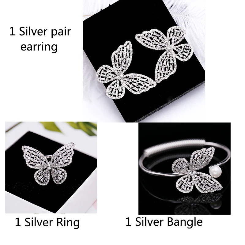 Silver Set Креативный дизайн розовый кубический цирконий бабочка серьги-гвоздики элегантный корейский стиль милые серьги для женщин - Окраска металла: Silver Set