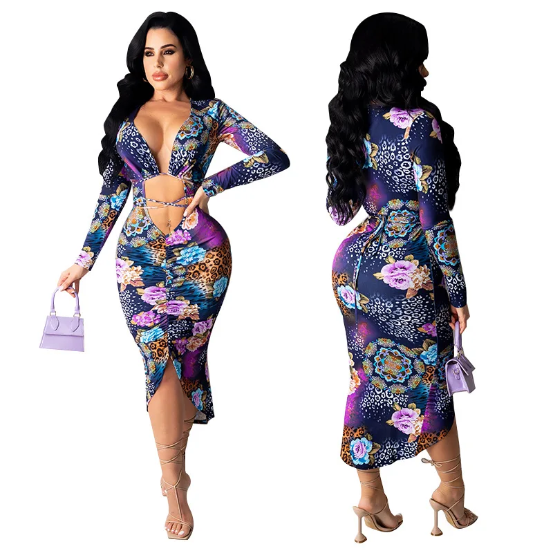 

Сексуальная Bodycon платья для женщин летние 2021 выдалбливают вечерние бинты полые пупка с цветочным узором и с v-образным вырезом с принтом пов...