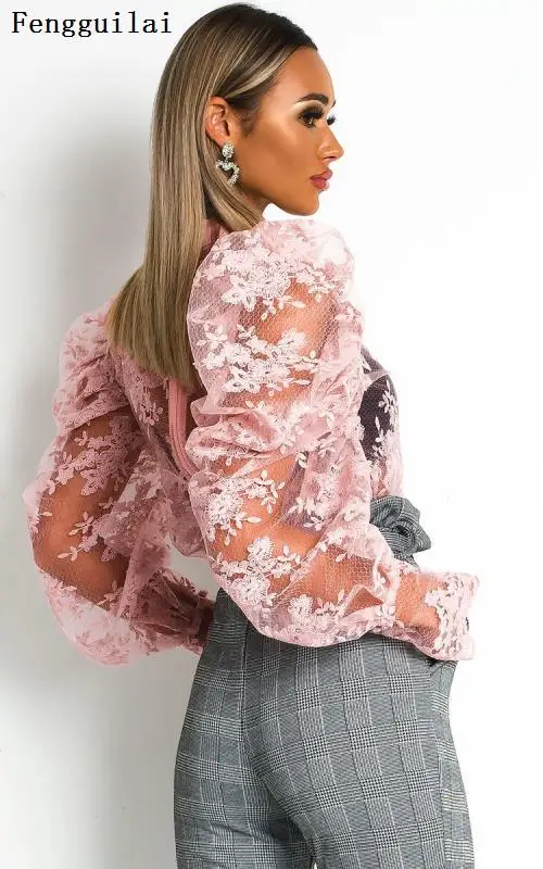 

Summer Temperament Perspective Women Sexy Lace Shirt Flower Embroidery Puff Sleevel Bow Neck Female White Blouses Tops