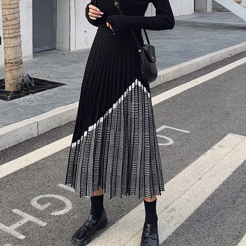 

HOUZHOU Houndstooth Knitted Long Skirts Women Vintage Black High Waist Patchwork Midi Pleated Skirt Autumn Winter Elegant Casual