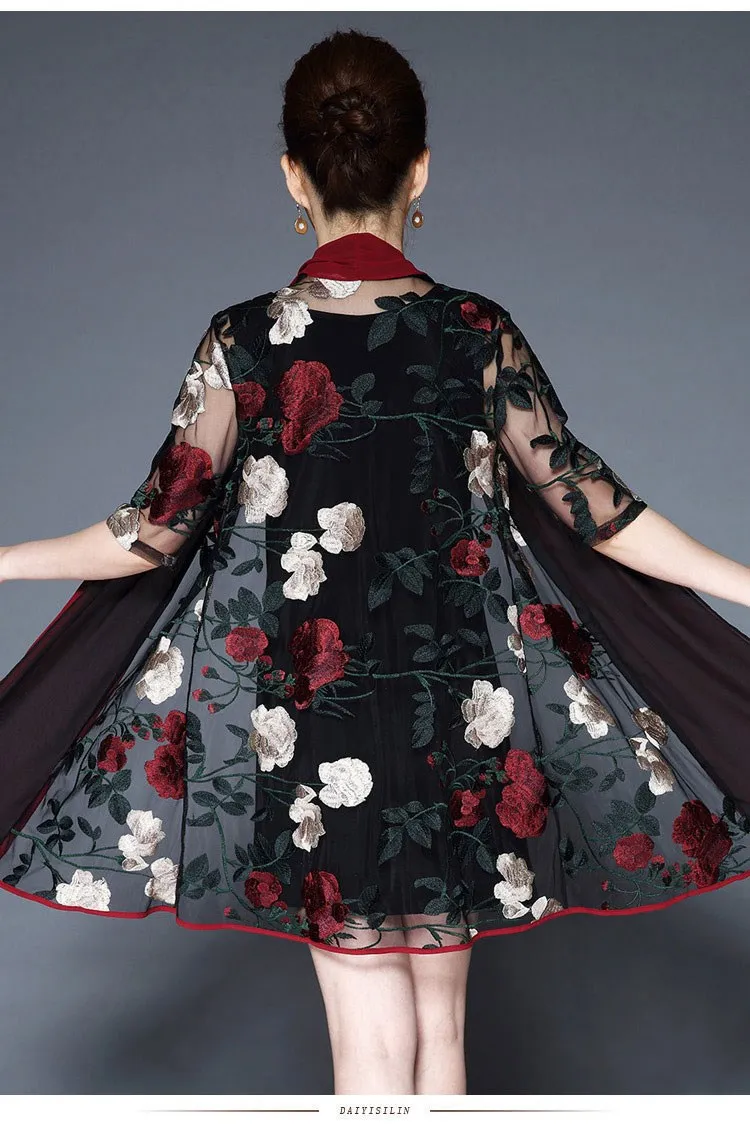 Ретро Винтаж Цветочная вышивка среднего возраста женское платье из двух частей