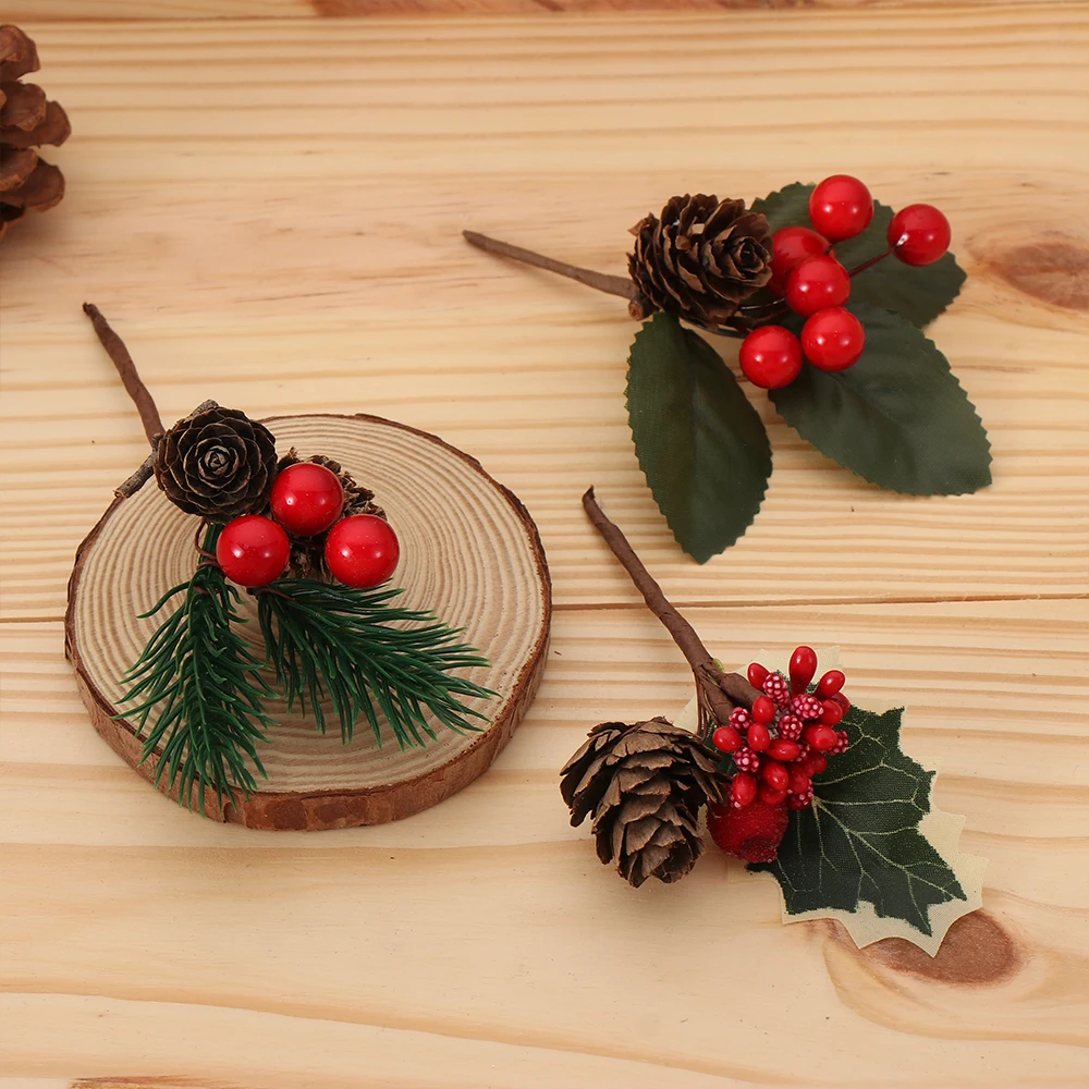 

Red Berries Pine Cones Tree Branch Artificial Berry Flower Bundle Bouquet Wreaths DIY Christmas Wedding Cake Gift Box Decoration