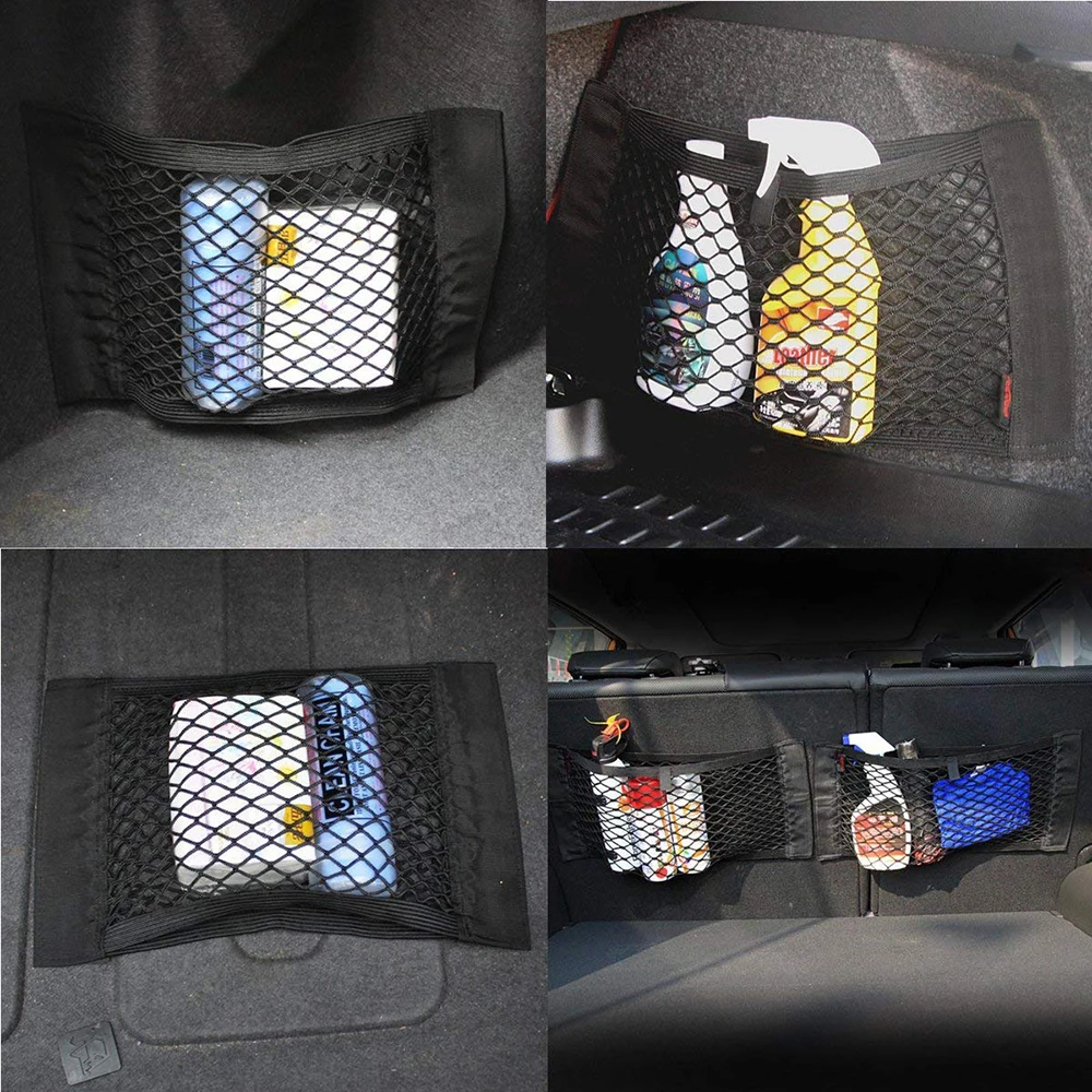 

Car Rear Trunk Organizer Net Pocket Storage Bag Velcro Elastic Nylon Mesh Automobile Accessories