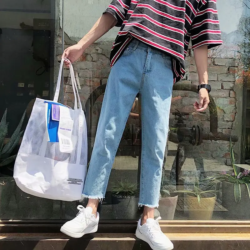 Summer Jeans Men's Slim Fashion Washed Solid Color Casual Straight Jean Pants Men Streetwear Wild Hip Hop Denim Trousers Mens