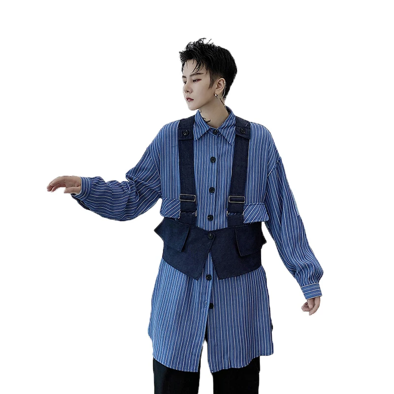 

Men Shirts Autumn Long Sleeve Striped Shirt + Denim Vest Two-piece Suit Loose Gothic Streetwear Male Shirts Japan Style 2020 New