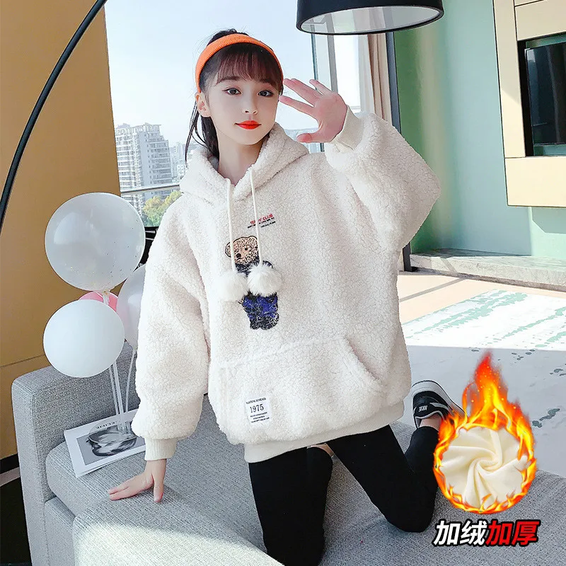 

Girls' Hoodies Sweatshirts Baby's Kids Jacket 2022 Beauty Autumn Top Thicken Velvet Pullover Fleece Cotton Children's Clothing