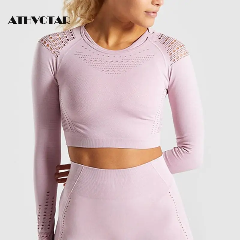 Женский бесшовный укороченный топ ATHVOTAR Спортивная футболка с длинным рукавом