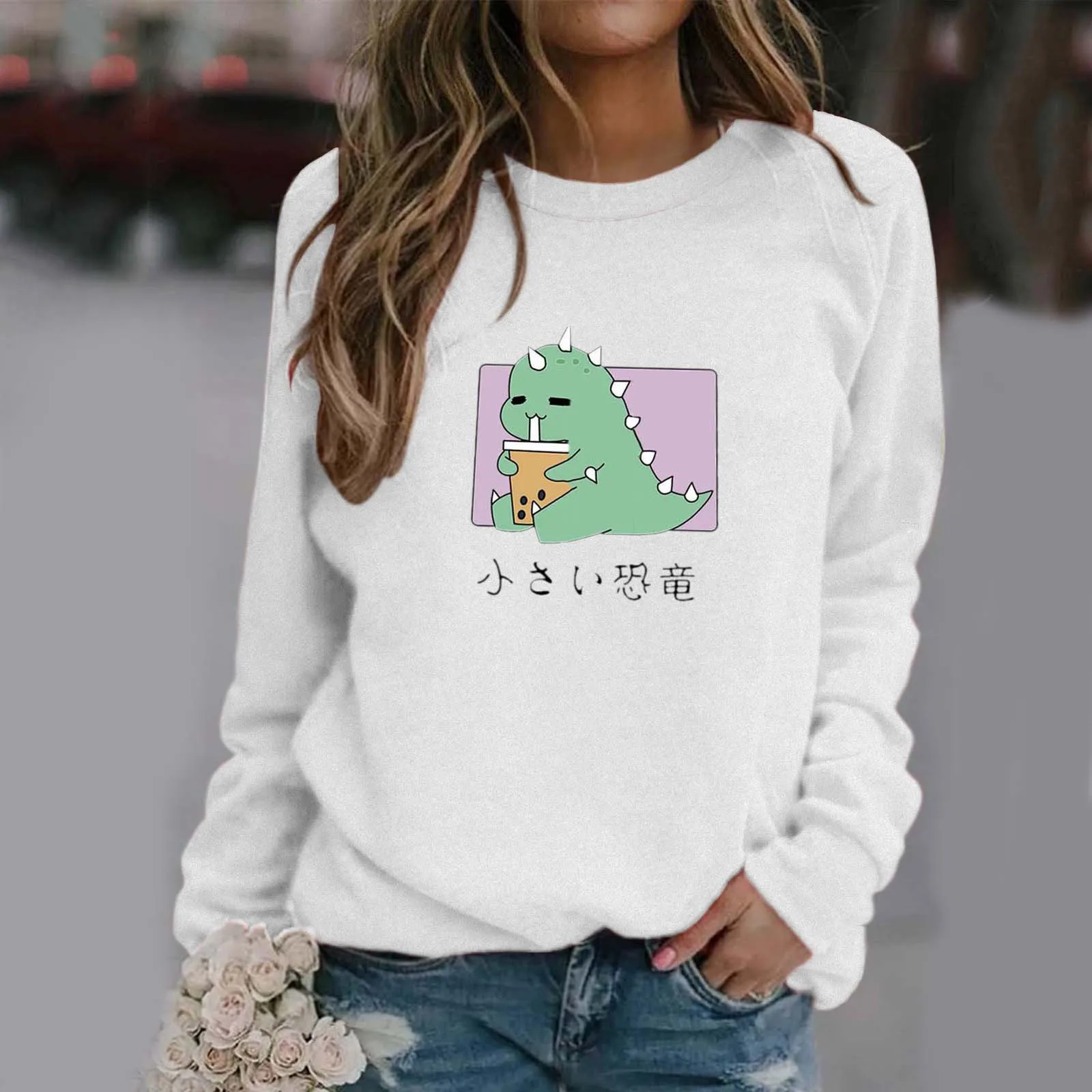 

Women Hoodies Dinosaur Print Long-sleeved Sweatshirt Casual Pullover White Tops Korean Pop Female Hoodies Sudaderas Sweatshirts