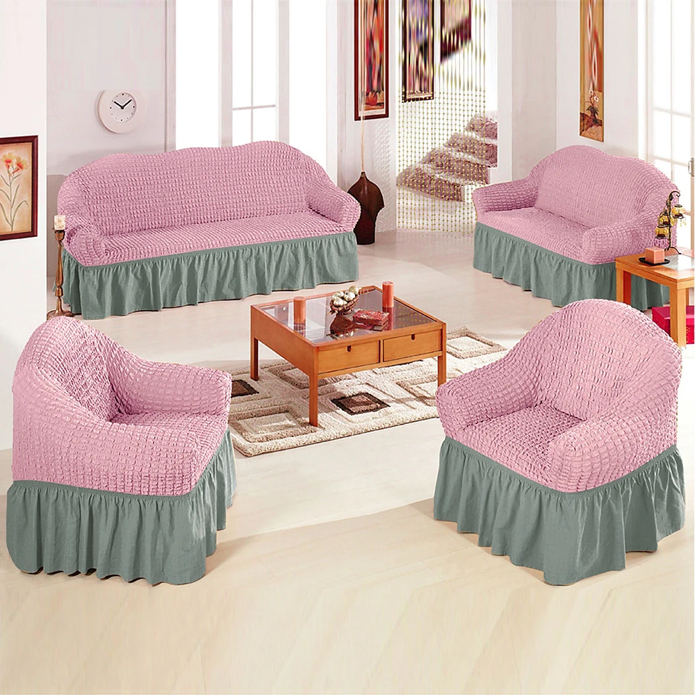 

Two-Color Stitching Elastic Seersucker Skirt Sofa Cover Home Decoration Slipcovers Stretch Sectional Corner Couch Cover