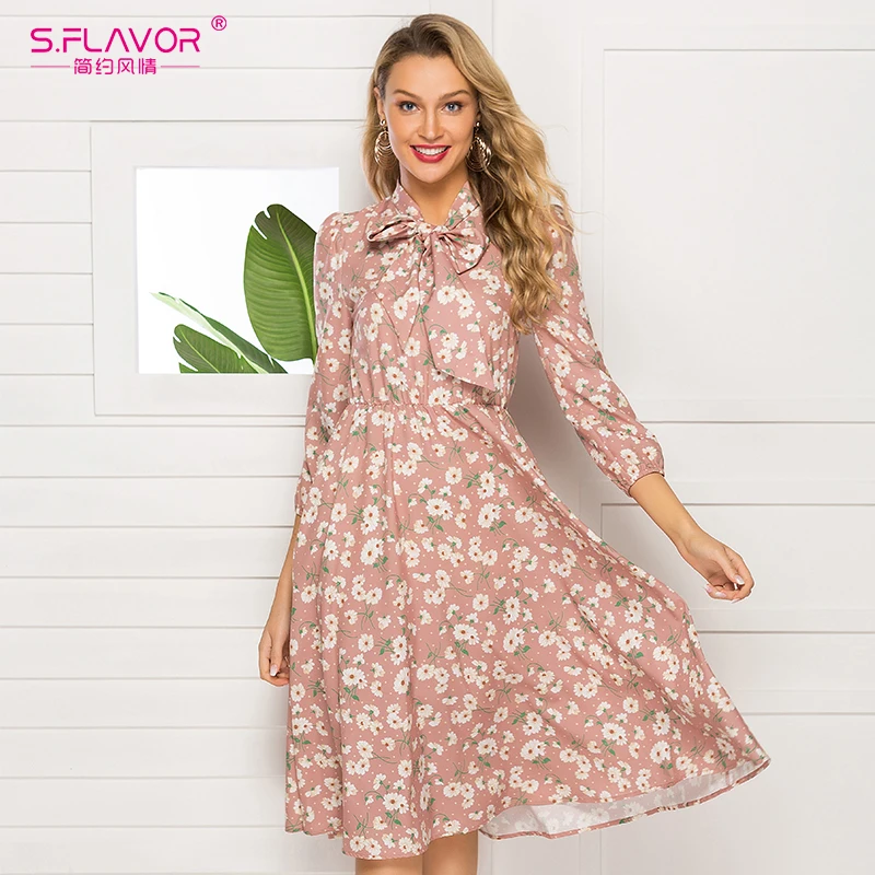 Женское платье миди с цветочным принтом S.FLAVOR повседневное в богемном стиле для