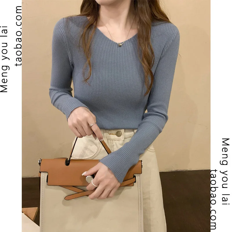 

Осенне-зимний Приталенный топ в японском стиле ретро с V-образным вырезом, вязаная нижняя рубашка, Женский дизайнерский нишевый свитер