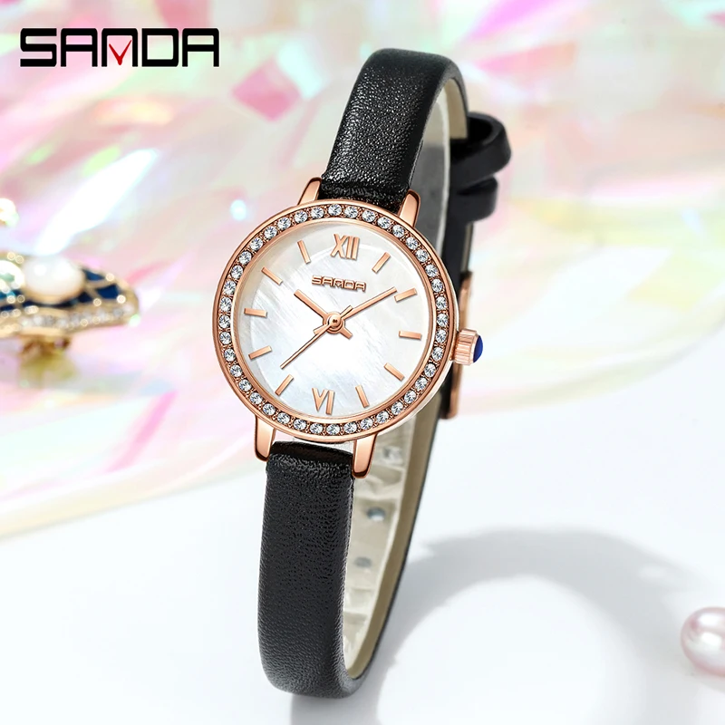 

SANDA Ladies Wrist Watches Dress Gold Watch Women Crystal Diamond Watches Leather strap Gold color Clock Women Montre Femme