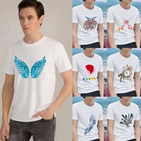 trendy mens classic white t shirt color feather pattern printing series printing casual o neck commuter soft mens slim shirt