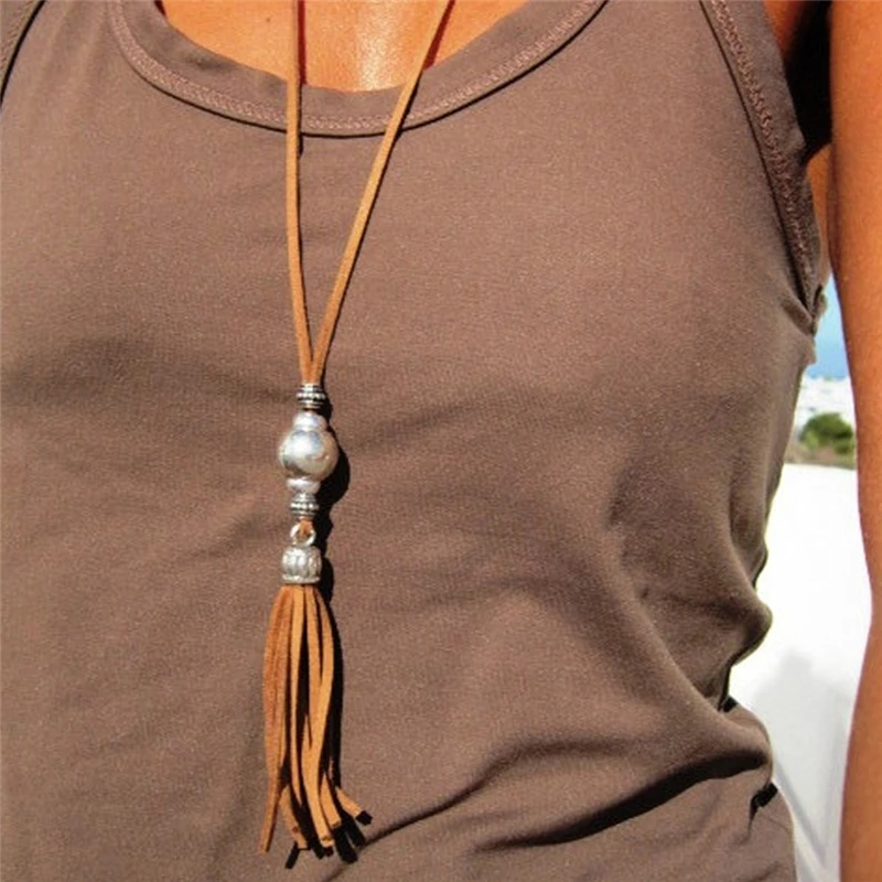 

Simple Fashion Wild Tassel Long Round Bead Pendant Necklace Women Retro Sweater Chain Accessories Jewelry Gift