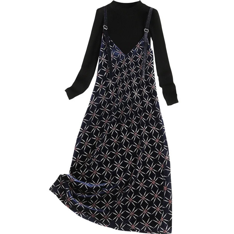 

2020 Floral Pleuche Slip Dress Office Lady Basic Skirt Medium Gold String Maple Leaf Knitted Sweatshirt Two Piece Dress Women