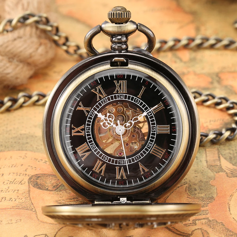 

Bronze Round Hollow Roman Number Lady Pocket Watch Manual Mechanical Good Dial Practical Thick pendant Chain Antique Watches Man