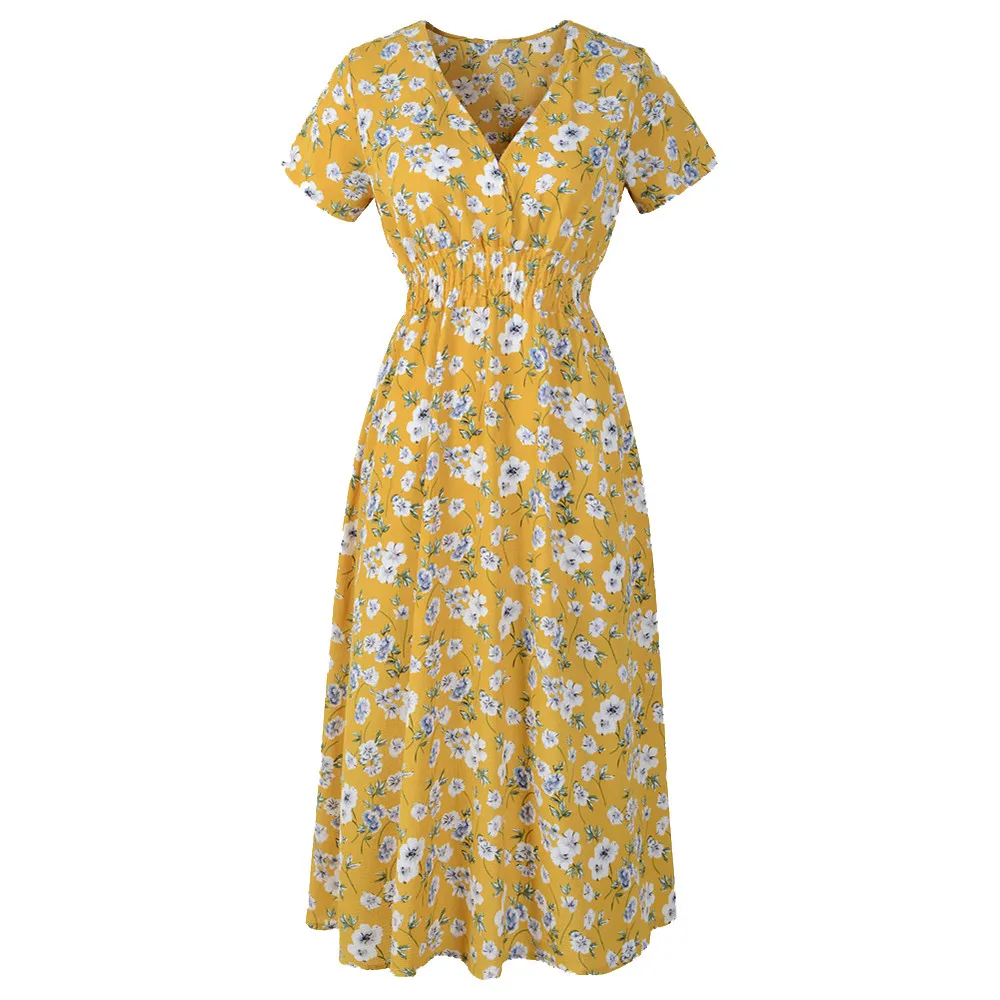 

Vintage Floral Dress Women's V Neck Holiday Floral Print Dress Ladies Summer Beach Party Maxi Dress Vestido Longo Cetim Vestidos