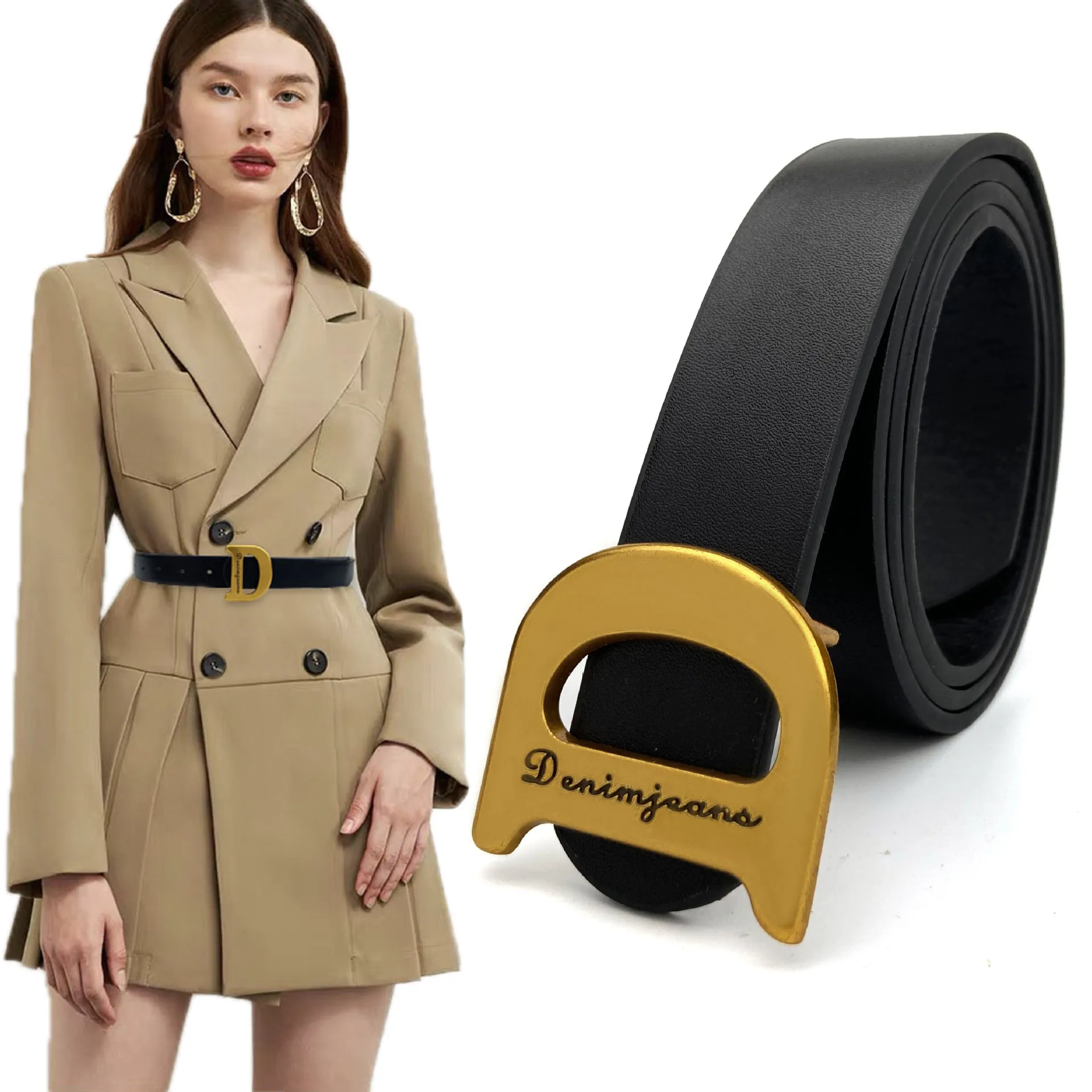 

Женский тонкий кожаный ремень с пряжкой D, золотистый дизайнерский брендовый ремень в стиле ретро, 2021