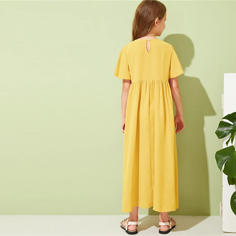 SHEIN/Детское платье для отдыха для девочек с вышивкой спереди и пуговицами; коллекция года; летние длинные платья трапециевидной формы с рукавом-бабочкой в стиле бохо для детей