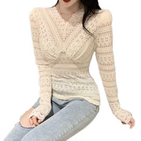 women sexy long sleeve v neck hollow out blouse lace waist tight base t shirt