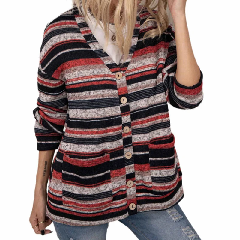 

Women Knitted Cardigans Striped Sweater V Neck Button Up Long Sleeve Top Autumn Winter Clothes Chic Pockets Jumper Pull Femme