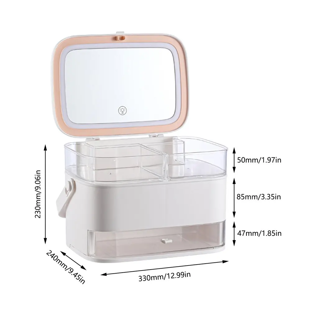 

New Cosmetic Storage Box With Mirror Led Light Desktop Makeup Organizer Case Dust-Proof Drawer Type Organizer for Cosmetics