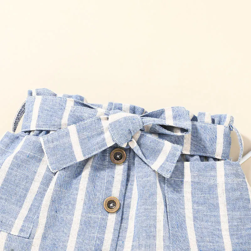 

2021 Summer Children Sets Casual Short Sleeve Blue Striped T-shirt Bow Sashes Single Breasted Skirt 2Pcs Girls Boys Clothes Set