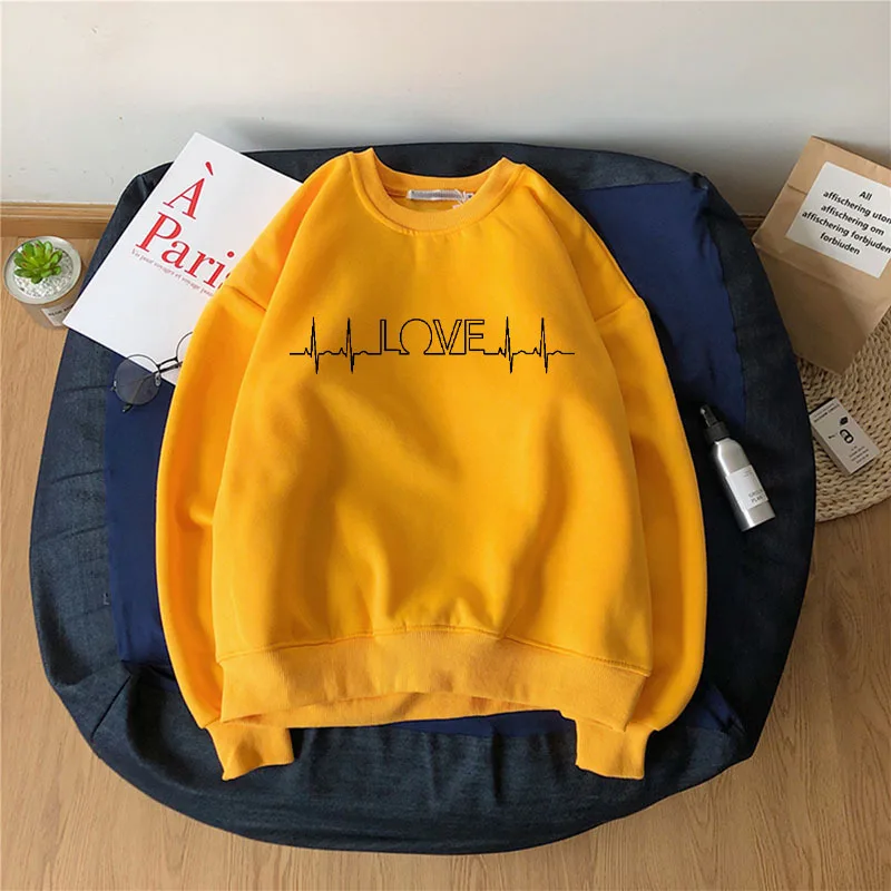 

Women Hoodie Electrocardiogram Love Printed Hoodies Women Fleece Long Sleeve O Neck Loose Sweatshirt Girls Pullovers Winter