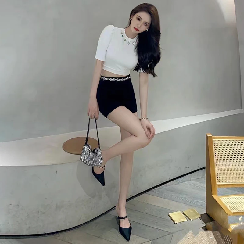 

VGH Casual White Patchwork T Shirt For Women O Neck Short Sleeve Korean Slim T Shirts Females 2021 Summer Fashion Clothing Style