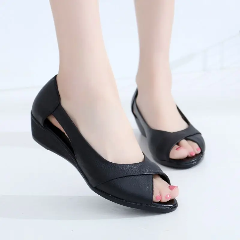 

Peep Toe Nude Wedges Shoes Women High Heels Sandals Genuine Leather Green Ladies Office Shoes Black Women's Sandals Fish Mouth