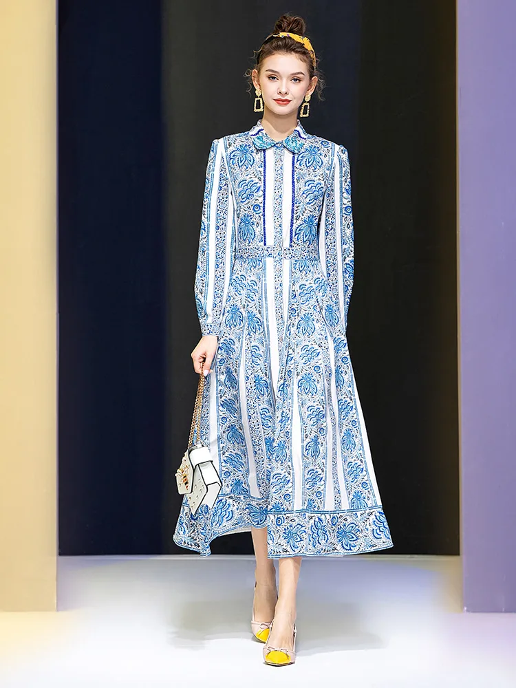 

2021 Autumn Bohemian Beading Long Sleeve Fashion Print Party Dress for Women